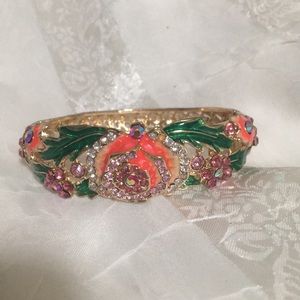 Rhinestone Pink Flower And Green Leaf Enamel Gold Tone Bracelet